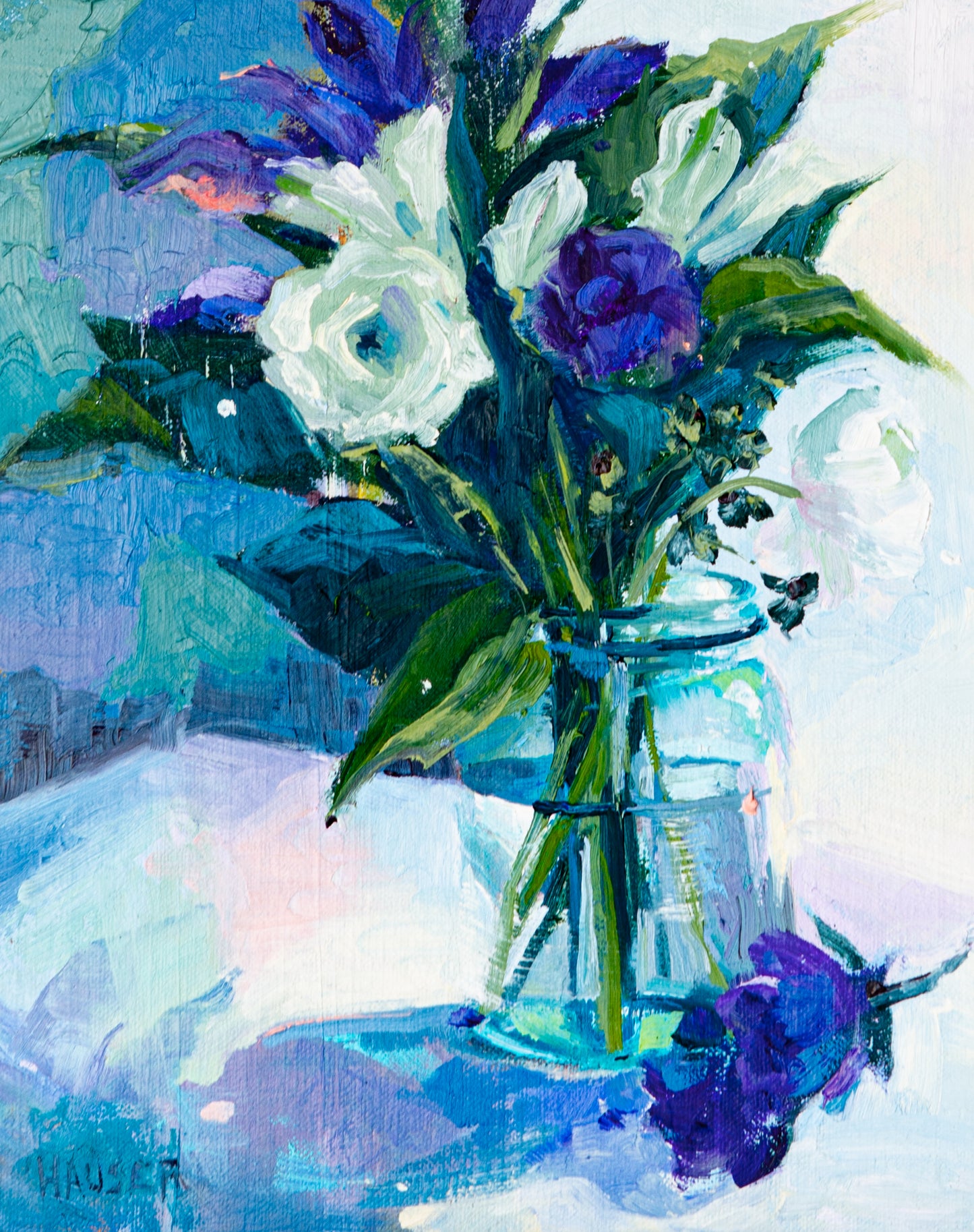 Purple and White flowers in Glass