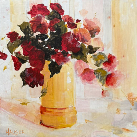 Geraniums in Yellow Vase
